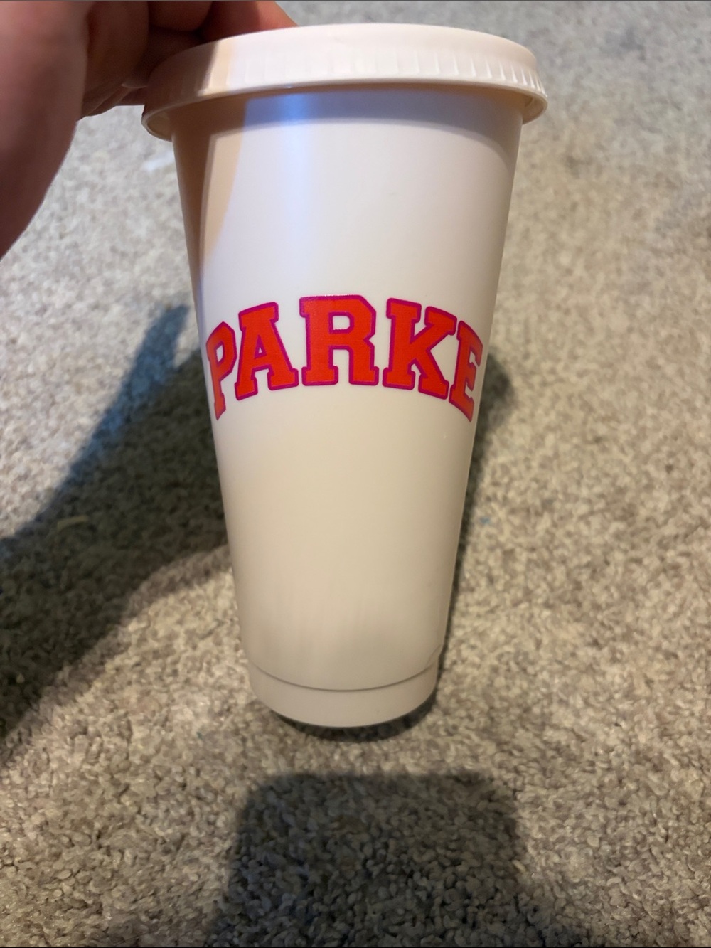 Parke White Travel Tumbler with Red Lettering